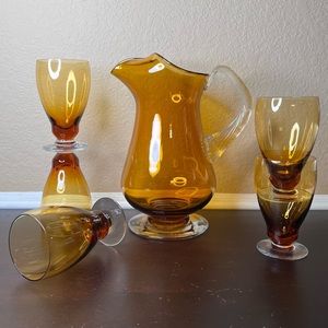 Vintage 1970's Amber Handblown Glass Pitcher & Tumbler Set, Collectible Colored